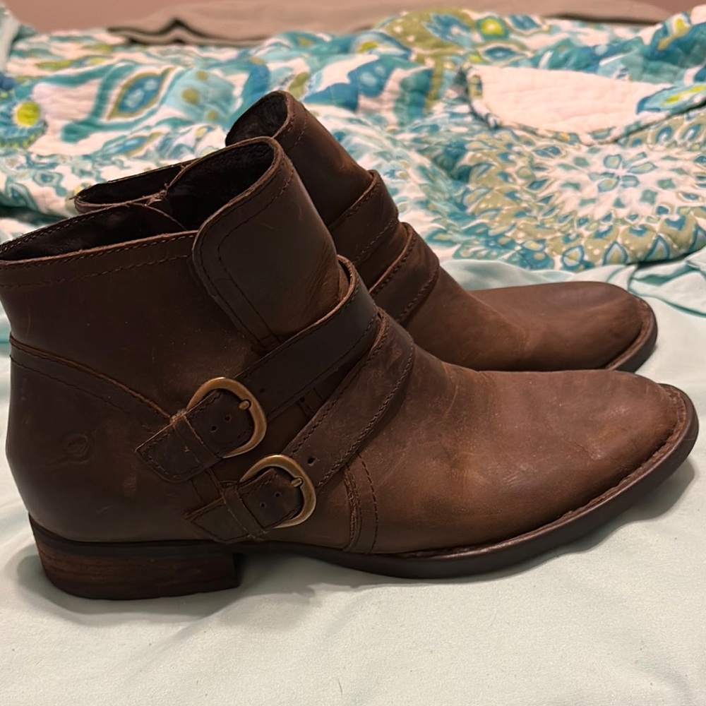 Born Brown Leather Ankle Booties with Buckle Straps